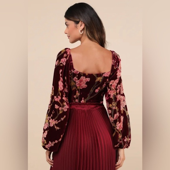 Lulus Luxe Romance Burgundy Velvet Floral Burnout Long Sleeve Bodysuit Size XL - Picture 5 of 5